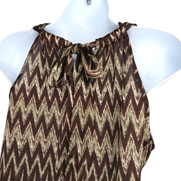 Womens Sleeveless Brown Chevron Blouse M Keyhole Tie Neck Loose Y2K Tank Top - Picture 5 of 10